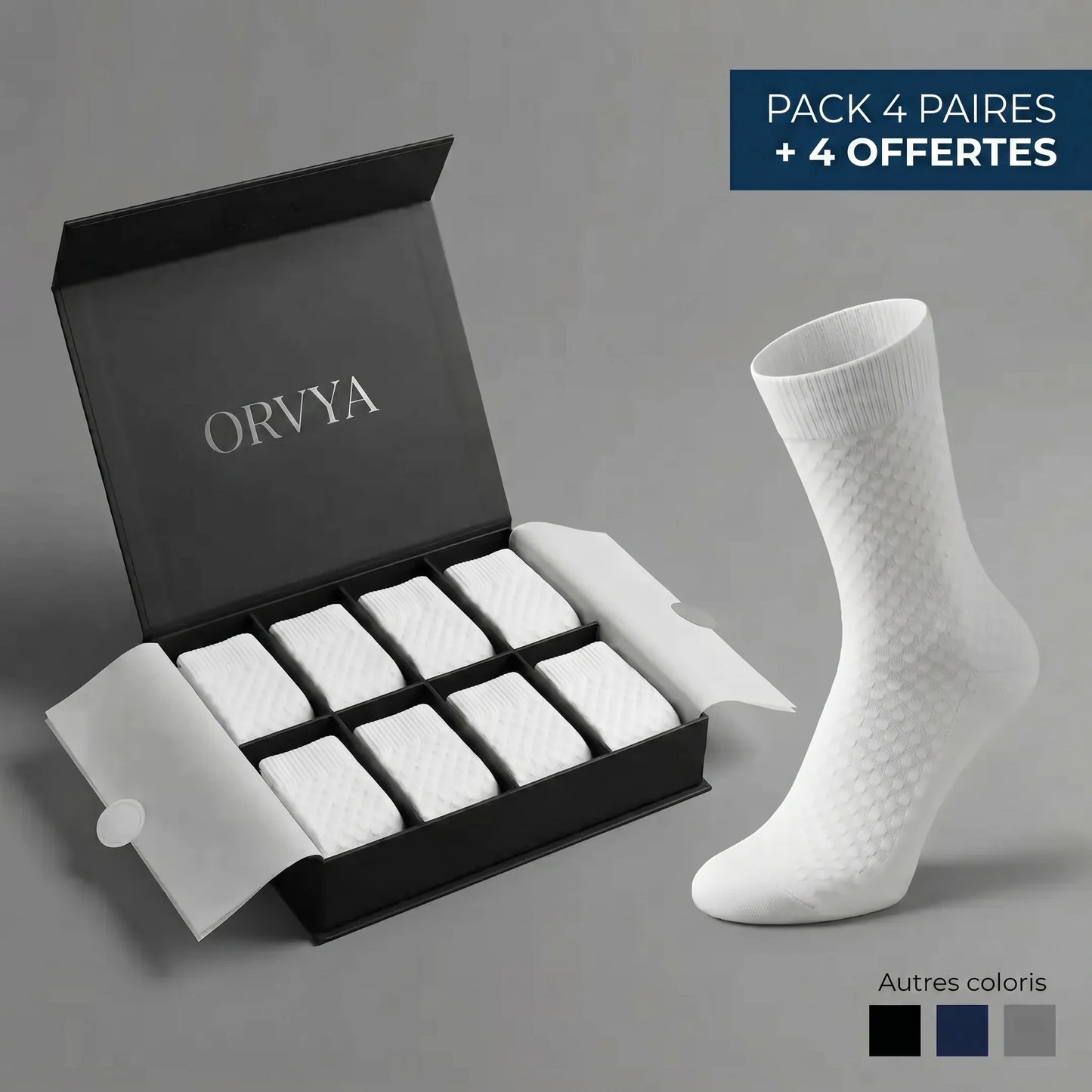 Chaussettes bambou ORVYA – coffret pack 4 + 4 offertes (blanc)