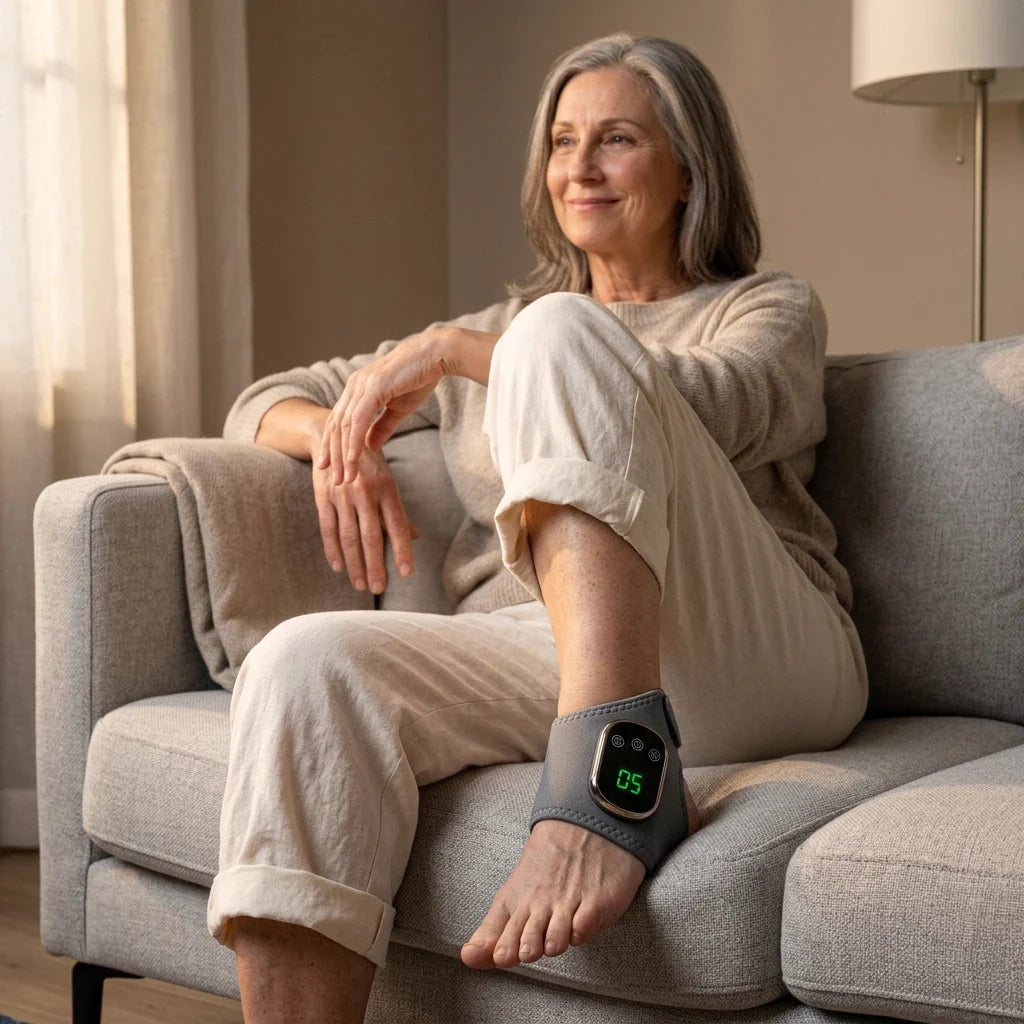 Mature woman seated on sofa using Soleus ankle wrap