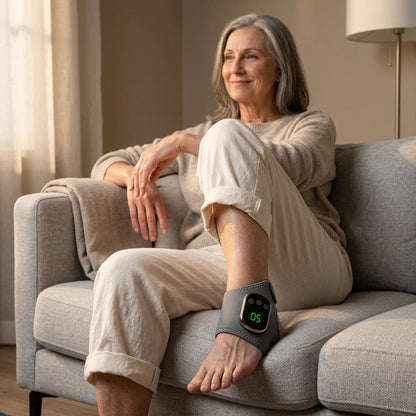 Mature woman seated on sofa using Soleus ankle wrap