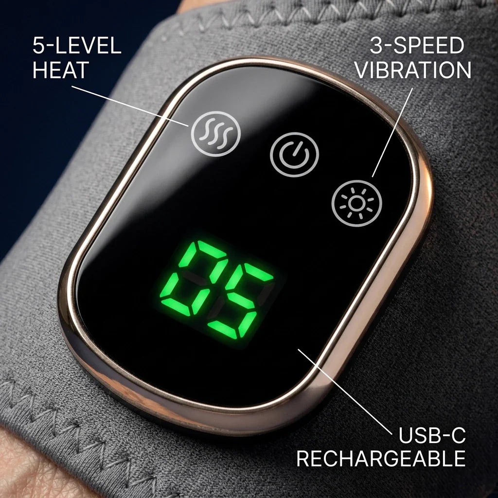 Soleus LED control pod close-up showing 5-level heat, 3-speed vibration, USB-C rechargeable