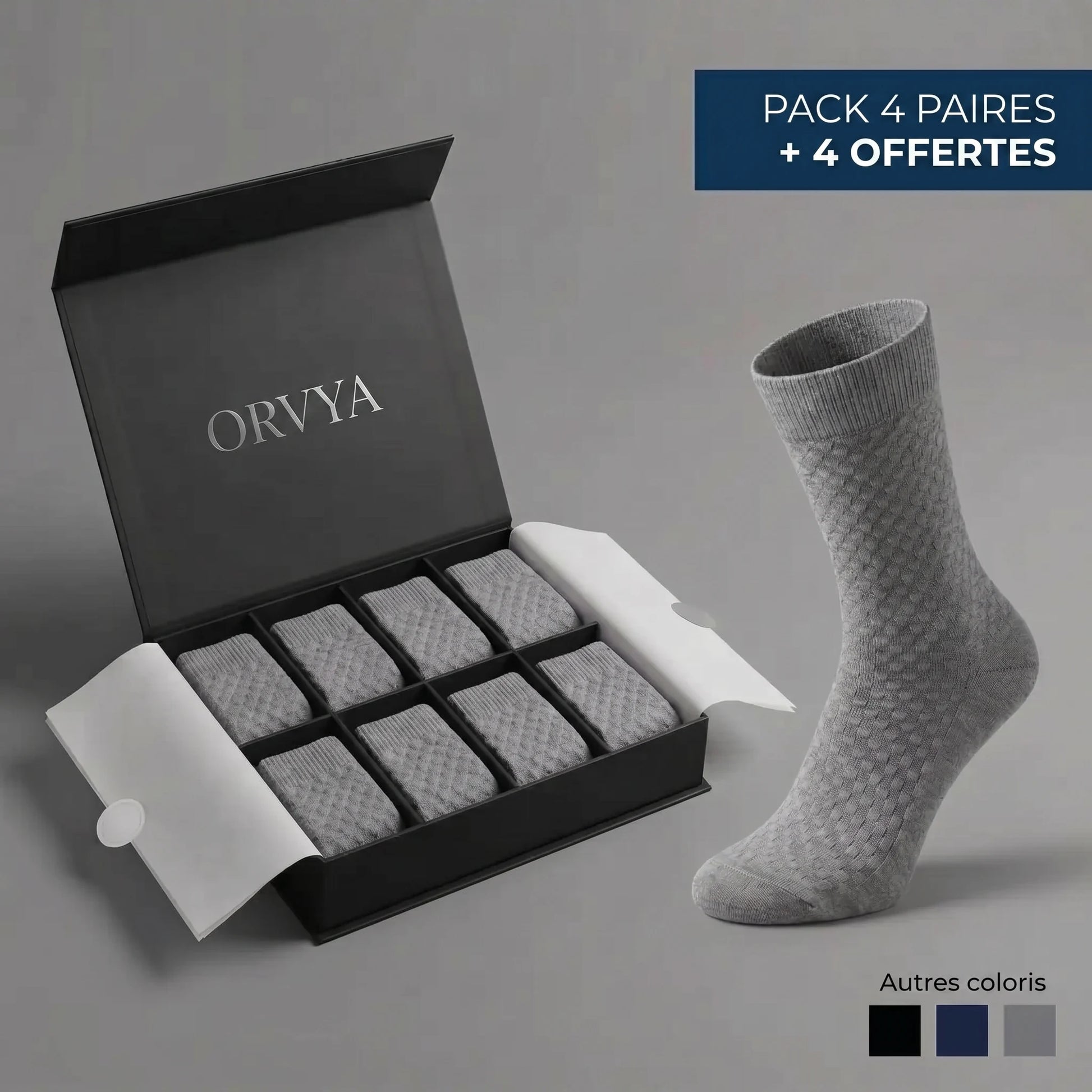 Chaussettes bambou ORVYA – coffret pack 4 + 4 offertes (gris)