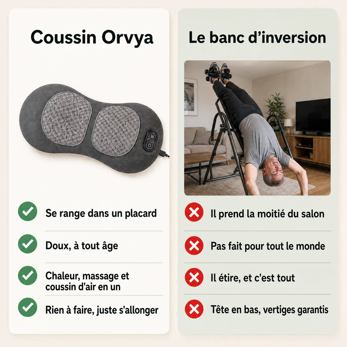 Coussin Orvya comparé au banc d'inversion