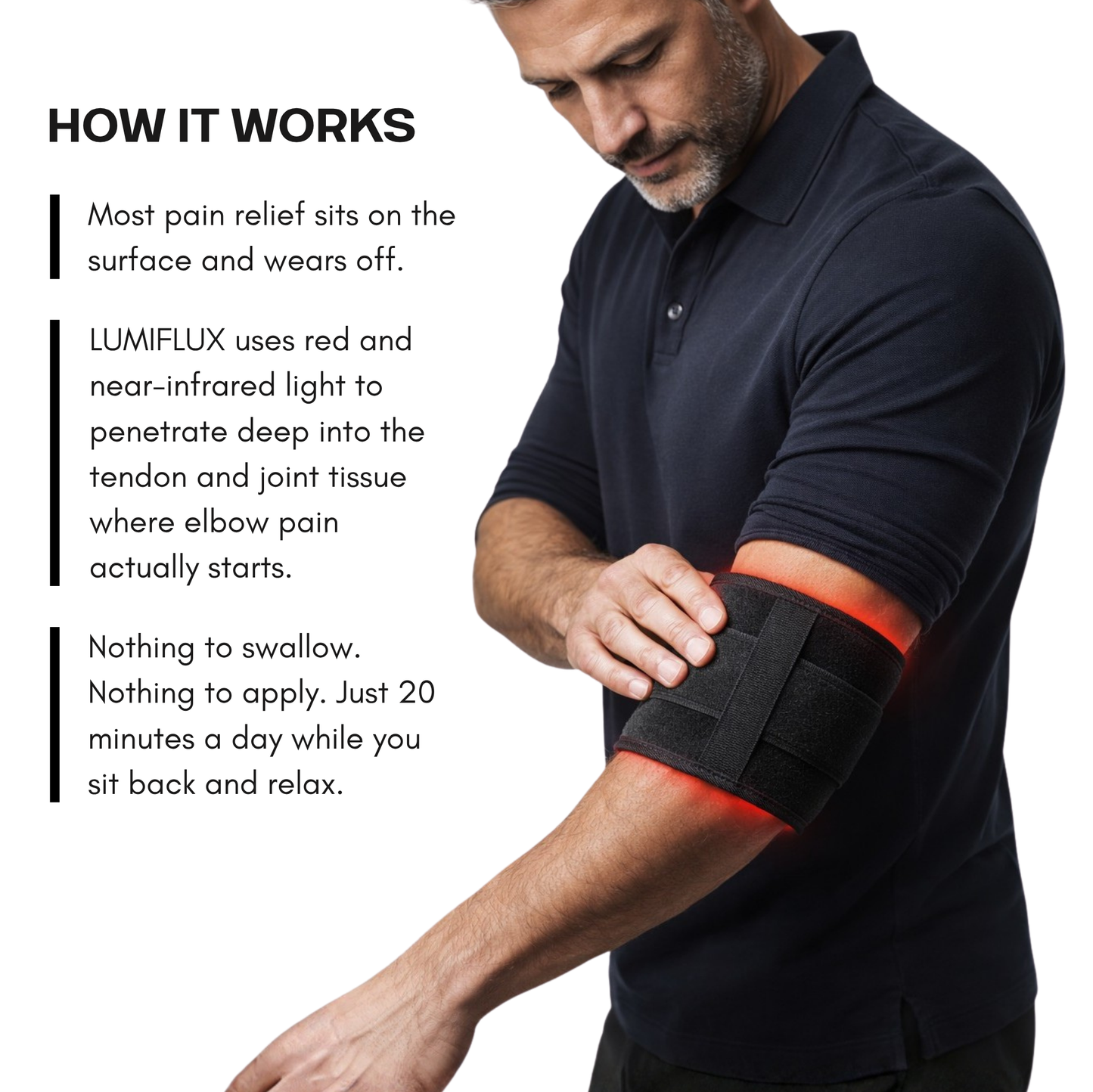 Man using LUMIFLUX Pro Pad on elbow